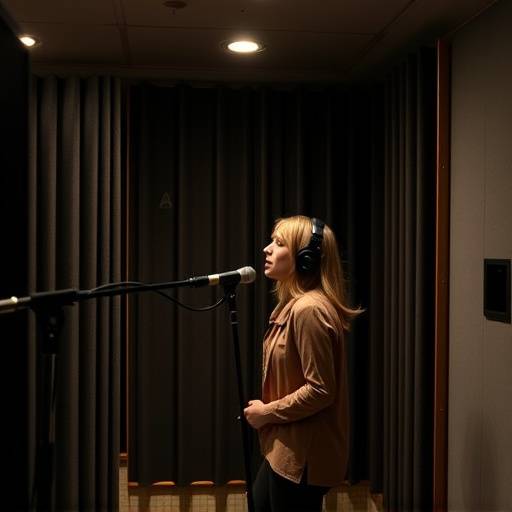 Image d'une chanteuse enregistrant sa voix dans la cabine vocale insonorisée du studio