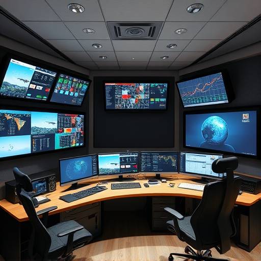Vue d'ensemble de la salle de contrôle, mettant en évidence l'équipement de monitoring de haute qualité et l'ergonomie du poste de travail.